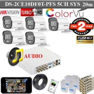 Hikvision 2mp colourvu voice 5 camera package DS-2CE10DF0T-PFS