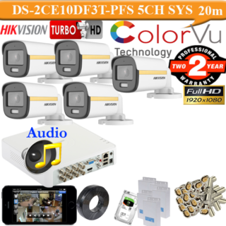 Hikvision 2mp gold colorvu audio 5 camera package ds-2ce10df3t-pfs