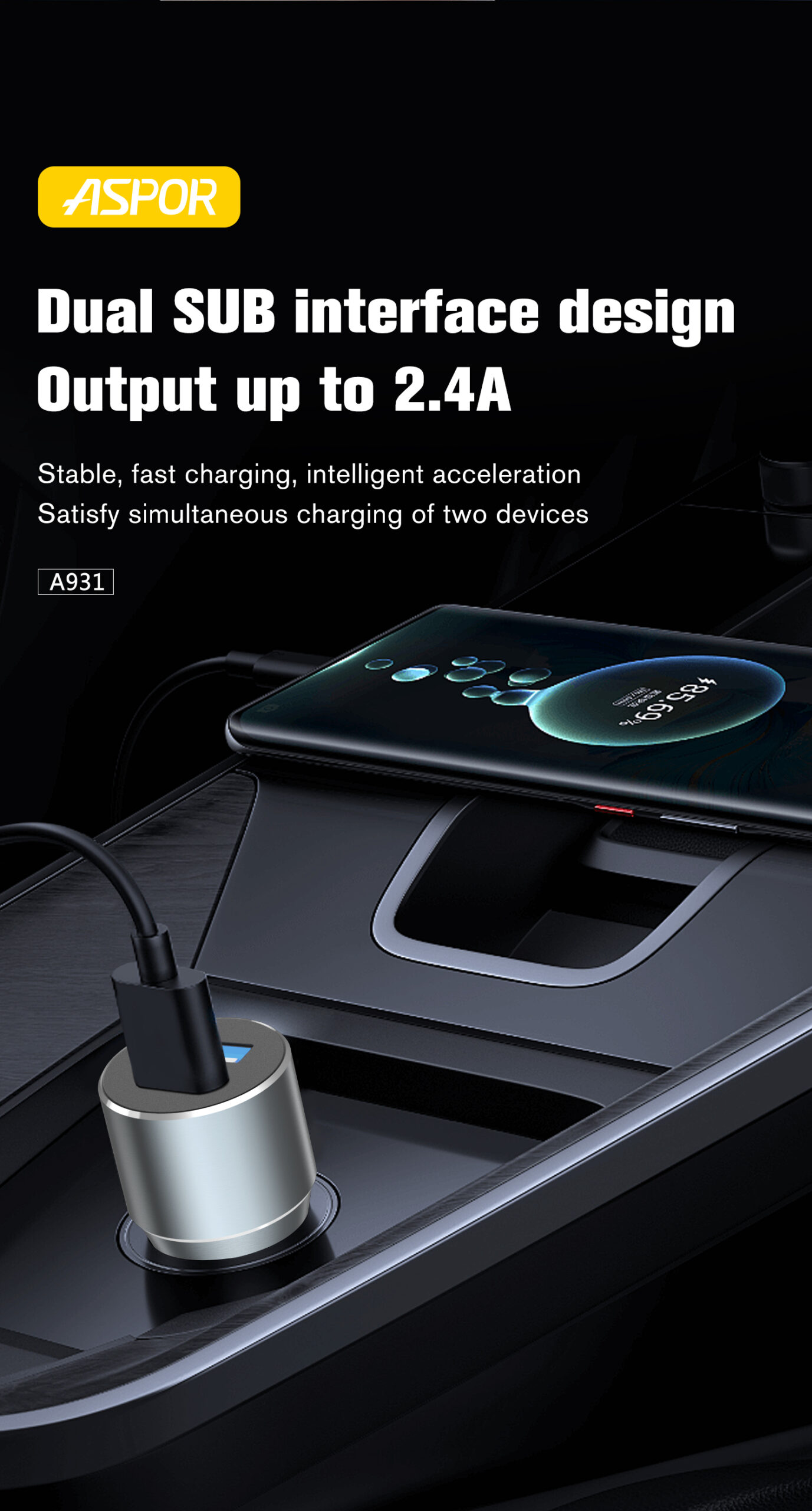 Car Mobile Phone Charger 2.4A 2 Port Usb ASPOR A931 10 A931ΦaµaaΘi╡ 05 scaled