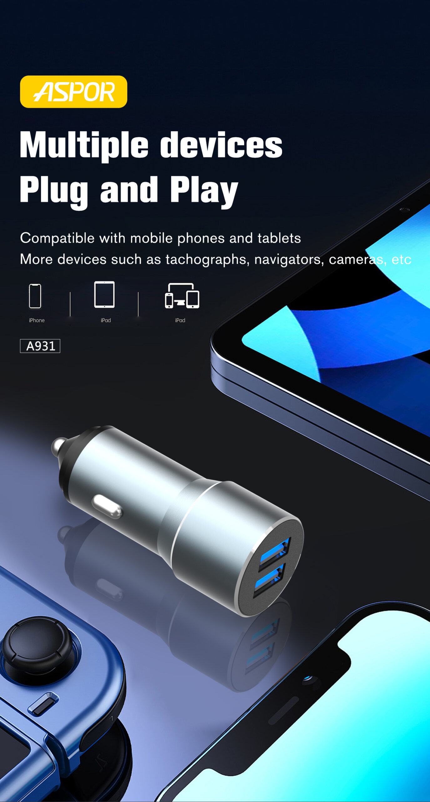 Car Mobile Phone Charger 2.4A 2 Port Usb ASPOR A931 14 A931ΦaµaaΘi╡ 09 scaled