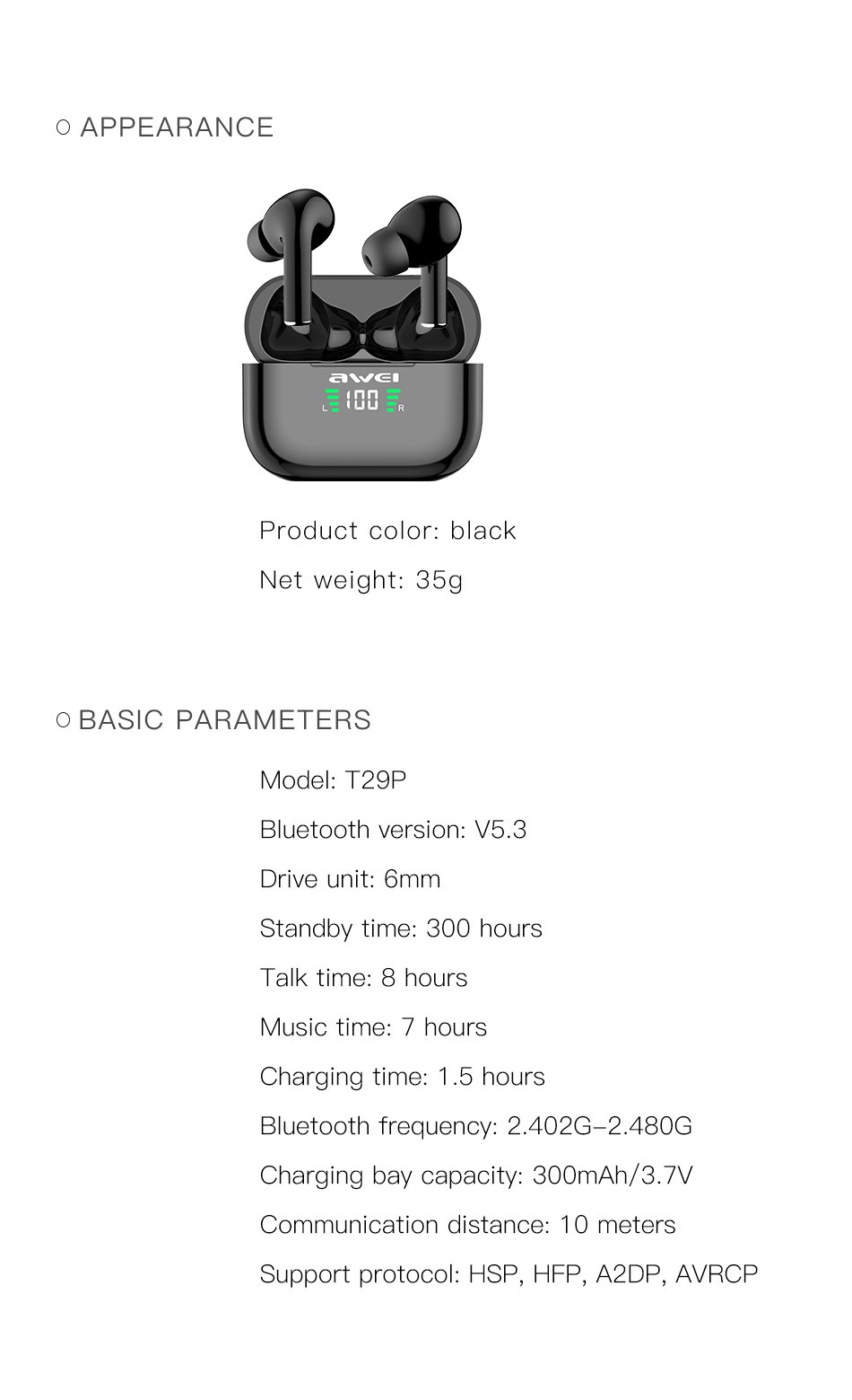 Awei T29P ANC Airpod Wireless earbud with LCD Bluetooth Sport Headset Gamer TWS Wireless HiFi Earphone With Mic 12 T29P详情页 英文版本 08