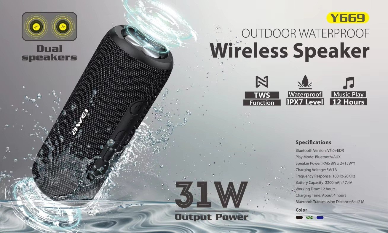 Awei Y669 Outdoor Bluetooth 5.0 Speaker Portable Sound Box Super Power 3D Stereo Surround Sound Interconnection Speakers 3 Y669 1