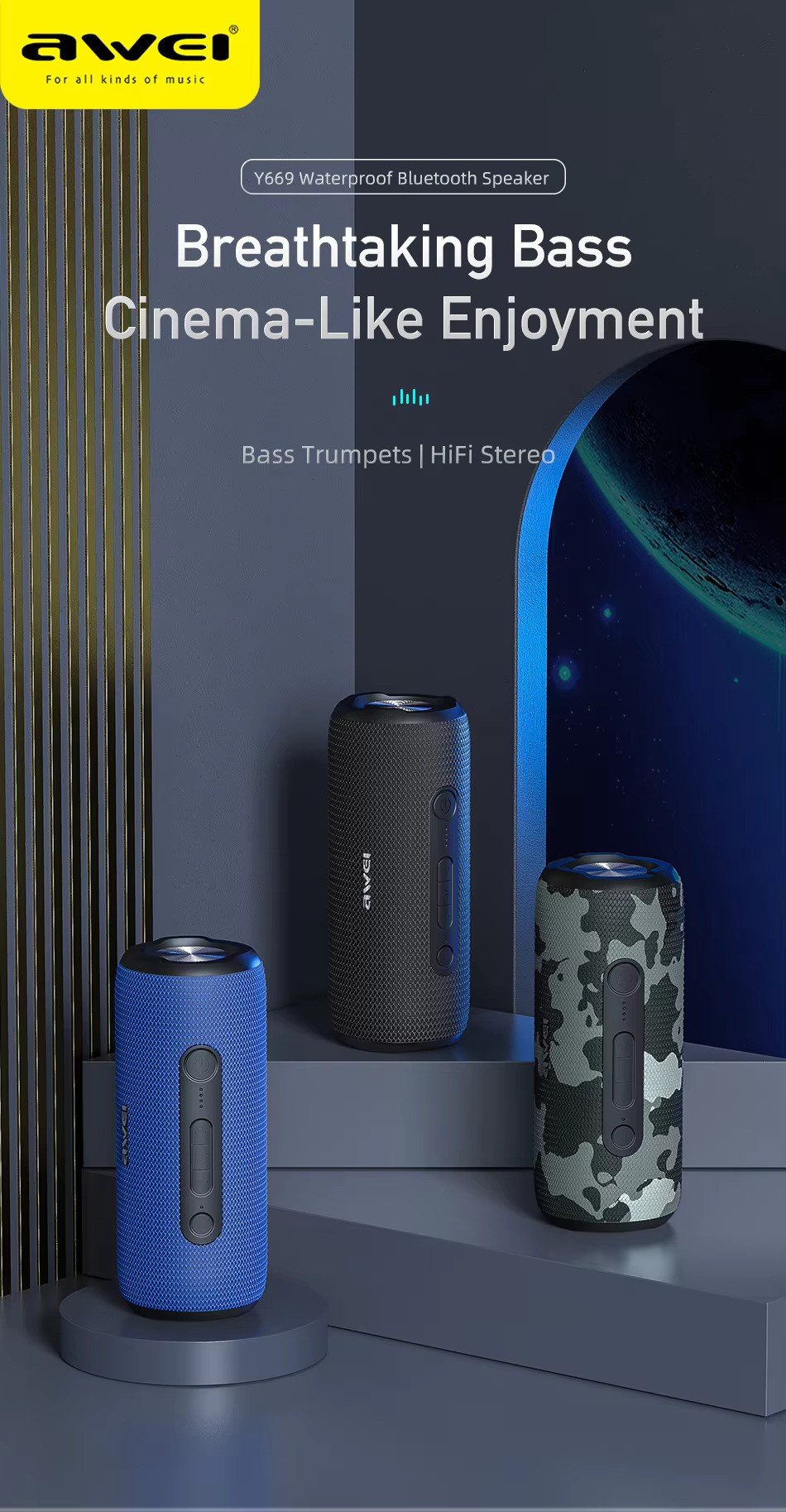 Awei Y669 Outdoor Bluetooth 5.0 Speaker Portable Sound Box Super Power 3D Stereo Surround Sound Interconnection Speakers 2 Y669