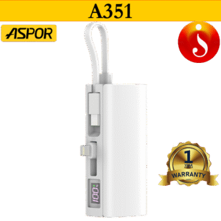 Aspor A351 5000mAh Smart Mini Power Bank Emergency Using Built-in Ipx Connector